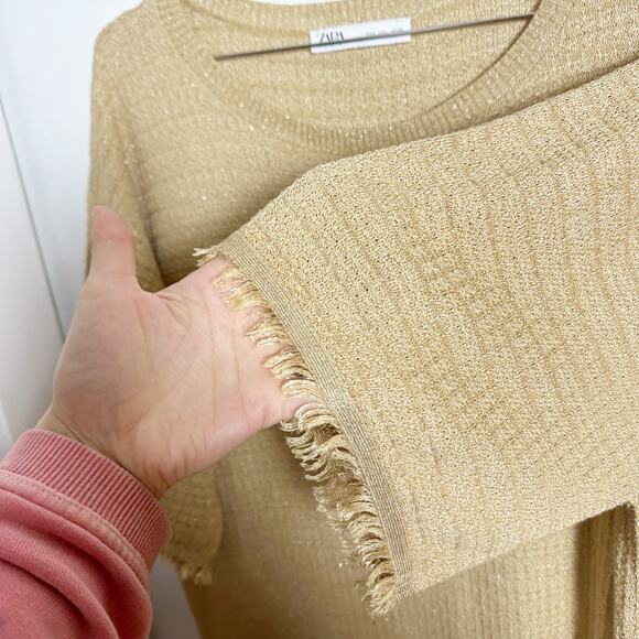 Zara Women's Gold Metallic Fringe Trim Tunic Top in Tan Camel sz L - Picture 5 of 8